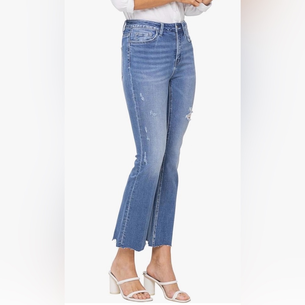 Women's Flying Monkey Kick Flare Blue Distressed Jeans 26 - Picture 2 of 10
